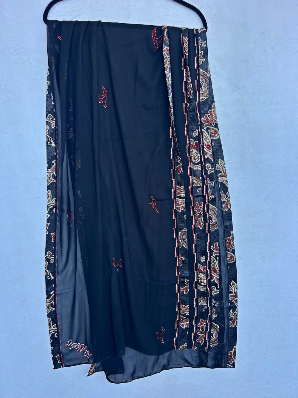 Al Haramain Chiffon Hijab Scarf Paisley Border Black Red Gold One Size